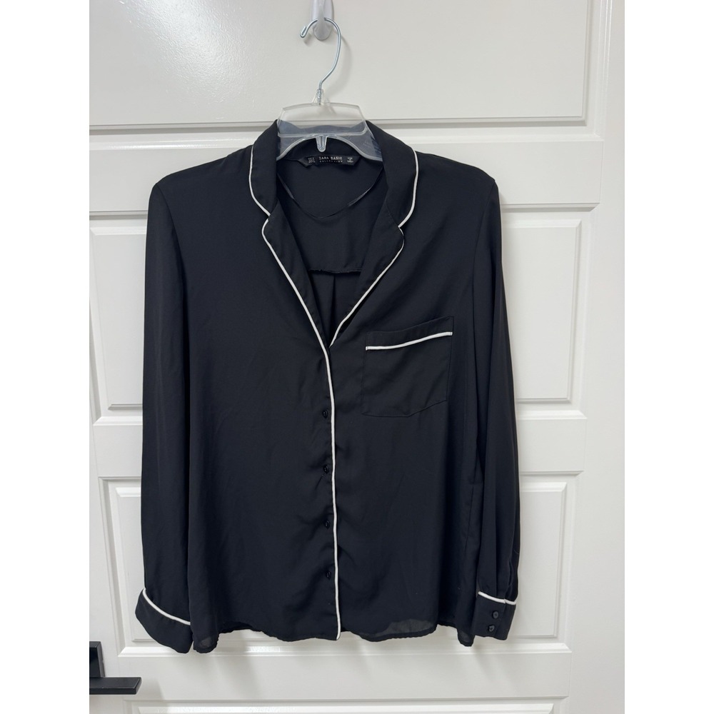 Zara Basic Black Blouse White Piping Trim Career Long Sleeve Top Medium
